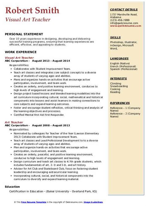 Art Teacher Resume Samples | QwikResume