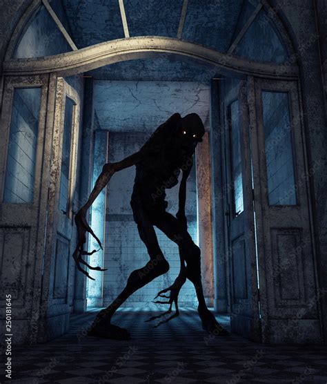 Creepy monster in a haunted house,3d rendering Stock Illustration ...