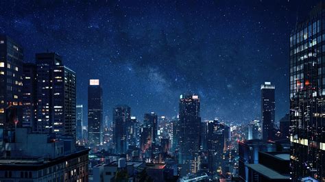 Blue Night City Sky Wallpaper