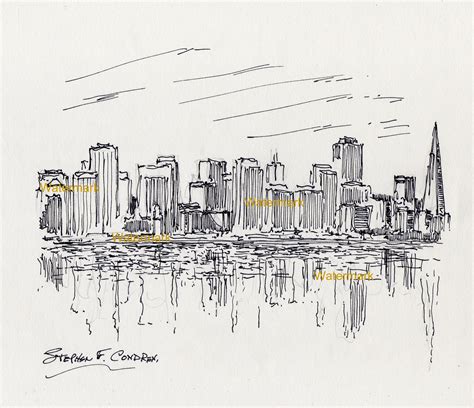 San Francisco Skyline Pen & Ink Drawing Of Downtown On The Bay