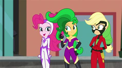 Image - Pinkie, Sunset, and AJ in Power Ponies costumes EGS2.png | My ...