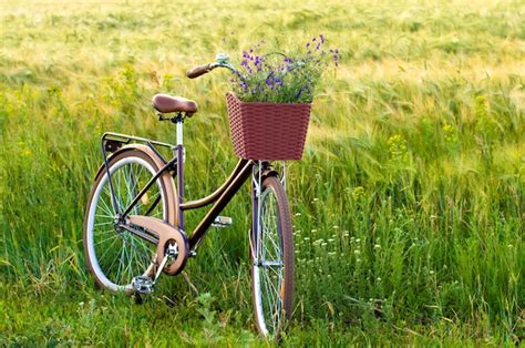 Premium Photo | Bike with flowers in a basket in the field