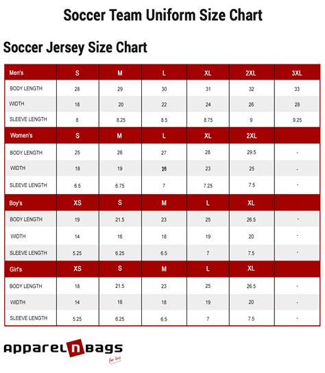 Soccer Team Uniforms Size Chart | ApparelnBags.com