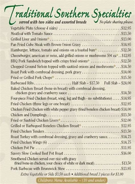 Menu at Mary Mac's Tea Room pub & bar, Atlanta