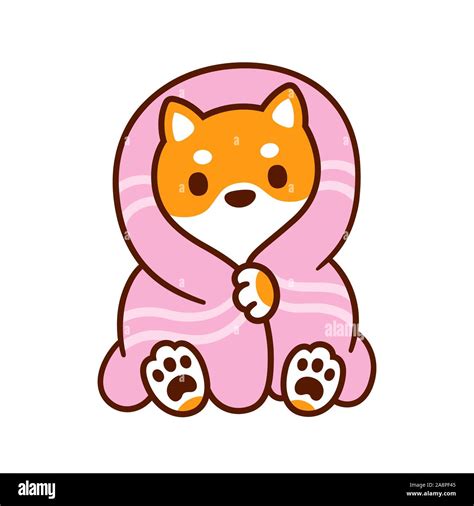 Cute cartoon dog with blanket. Kawaii Shiba Inu puppy in warm cozy ...