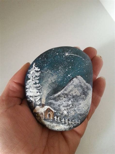 Mountain cabin original painting Hand-painted rock Winter | Etsy