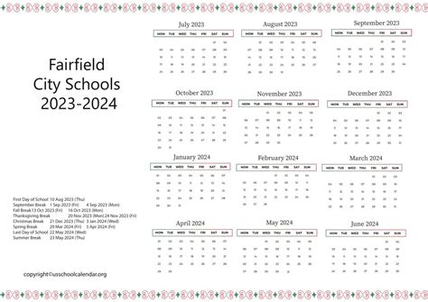 Fairfield City Schools Calendar with Holidays 2023-2024