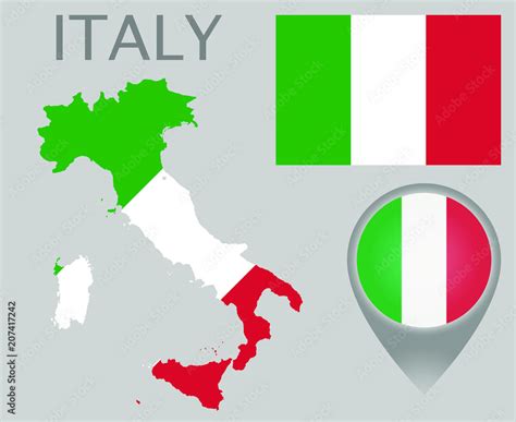 Colorful flag, map pointer and map of Italy in the colors of the ...