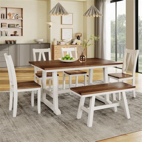 Clihome 6-Piece Walnut+White Farmhouse Style Wood Dining Table Set ...