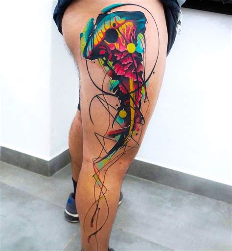 Colorful Abstract Jellyfish, Mens Leg Tattoo