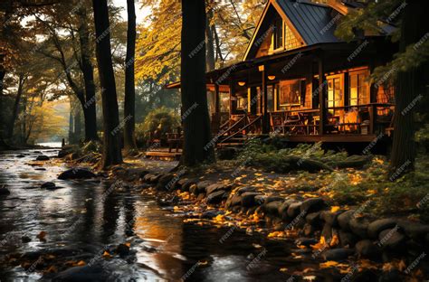 Premium AI Image | a log cabin in the autumn leaves