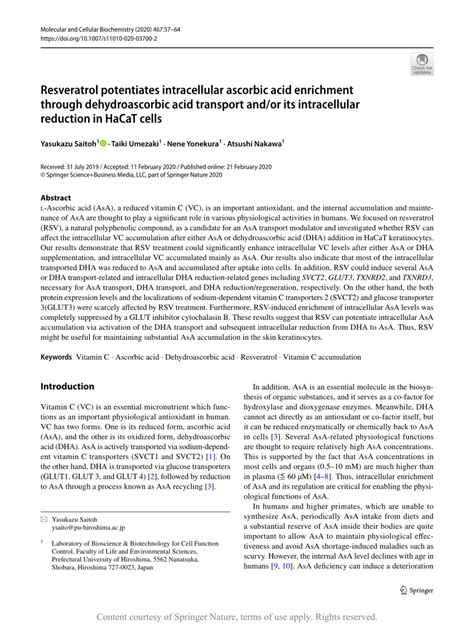 Resveratrol potentiates intracellular ascorbic acid enrichment through ...