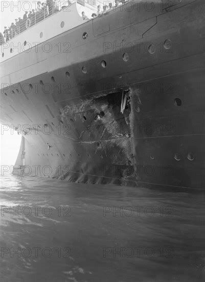 Hole torn in the hull of 'RMS Olympic' after the collision with 'HMS ...