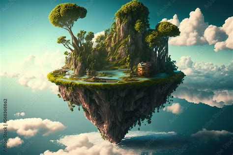 sky fantasy island, floating island with pools and trees, fairy tale ...