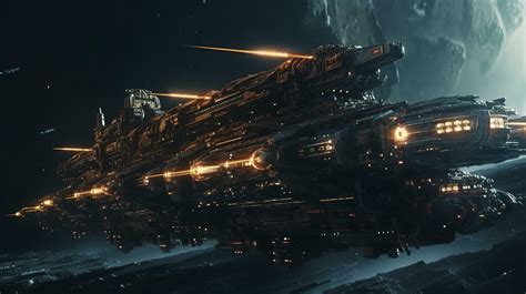 Cinematic Still, intense space battle between two massive battleships ...