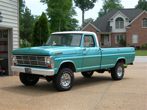 a blue pickup truck parked in front of a house