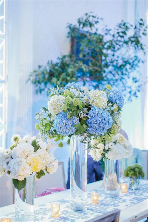 Tall Blue and White Hydrangea Centerpieces