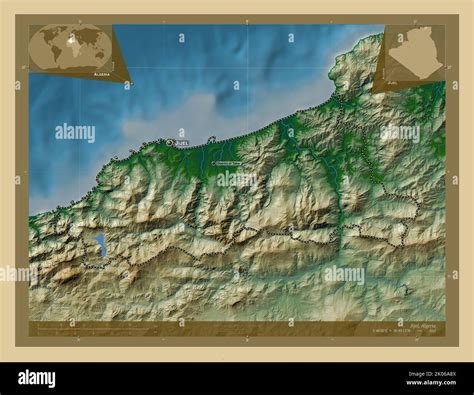 Jijel, province of Algeria. Colored elevation map with lakes and rivers ...