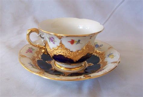 Antique Meissen Cup & Saucer Blue HP w Flowers & Heavy Gilt /Crossed ...