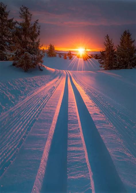 Sunset over fresh snow tracks : MostBeautiful Beautiful Sunset ...