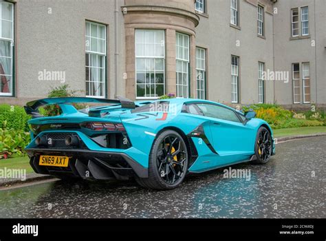 2019 Model Teal Blue Lamborghini Aventador SVJ Sports Car rear offside ...