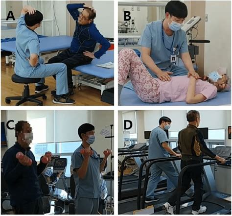 The program of pulmonary rehabilitation. (A) Flexibility exercise. (B ...