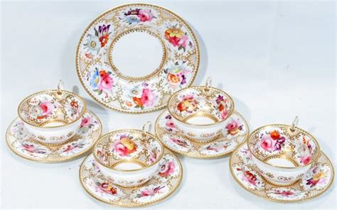 Antique Painted Porcelain Tea Cups & Saucers