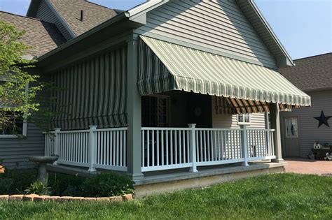 Green striped porch awnings with a drop curtain | Kreider's Canvas ...