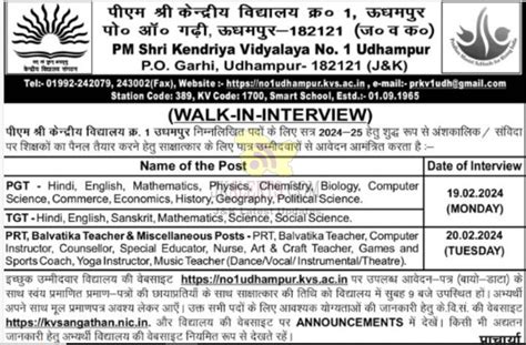 PM Shri Kendriya Vidyalaya No. 1 Walk-In-Interview.