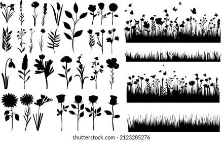 Grass Flowers Set Silhouette Isolated Vector Stock Vector (Royalty Free ...