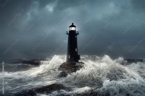 Lighthouse by the ocean, stormy sky, crashing waves Stock Photo | Adobe ...