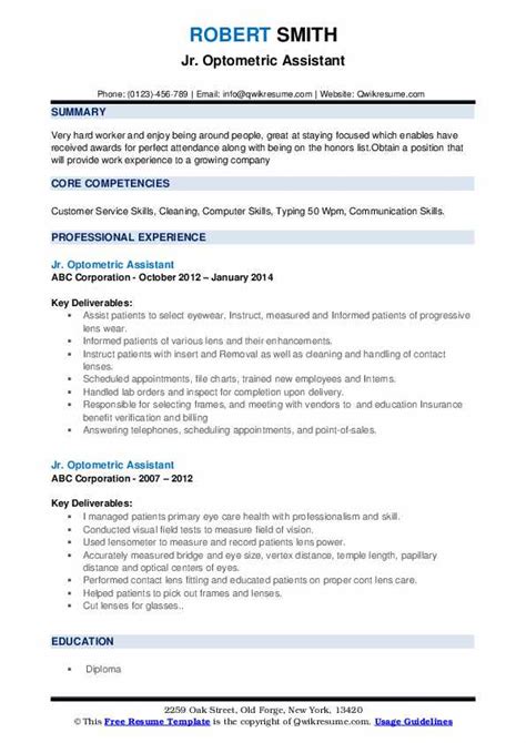 Optometric Assistant Resume Samples | QwikResume