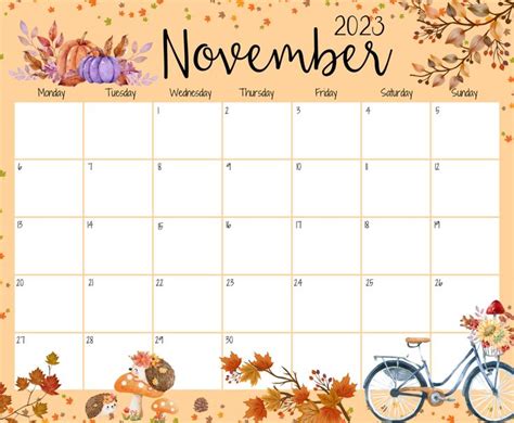 a november calendar with autumn leaves, pumpkins and a bike on the ...