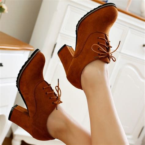 Brown Suede Old School Vintage Lace Up High Heels Women Oxfords Shoes