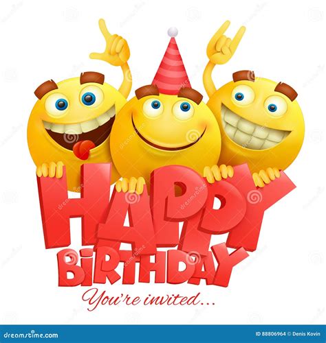 Smiley Yellow Faces Emoji Characters. Happy Birthday Card Stock ...