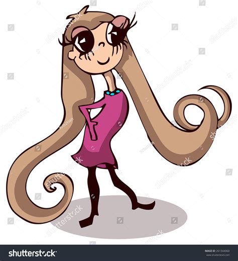 Cute Little Cartoon Girl Long Hair Stock Vector 261344060 - Shutterstock