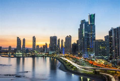 The skyline of Panama City at night, Panama City, Panama, Central ...