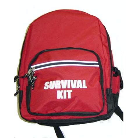 Red Backpack With Survival Kit Imprint: Emergency Safety Survival Bag