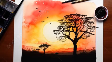 Watercolor Painting Of Sunset With Wild Trees Background, Sunset ...