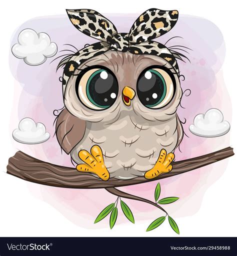 Owl with big eyes is sitting on a branch Vector Image | Cute owl ...