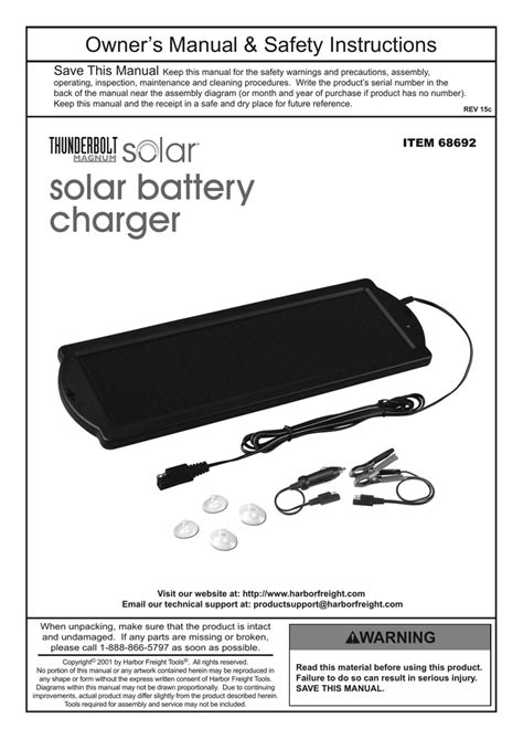 Harbor Freight Tools 1.5 Watt Solar Battery Charger Product manual ...