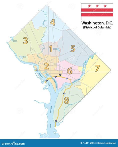 Map Of The Eight Districts Of Washington DC With Flag Cartoon Vector ...