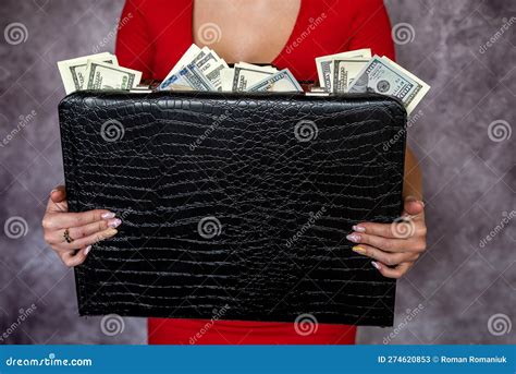 Businesswoman Wear Red Dress Holding Case Full of Dollar Money Stock ...