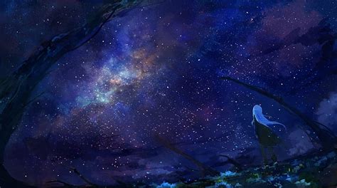 Anime starry sky, anime girl, back view, night, scenic, boots, Anime ...