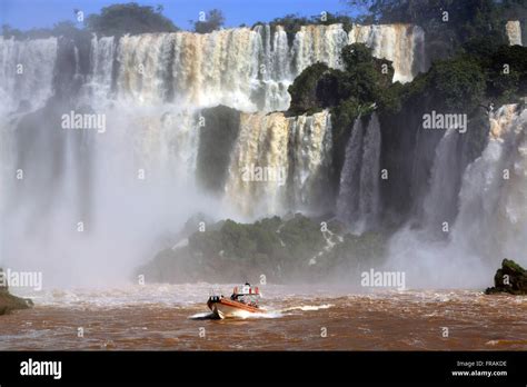 Tourist tour boat in the rapids of the Rio Iguazu in Iguazu National ...