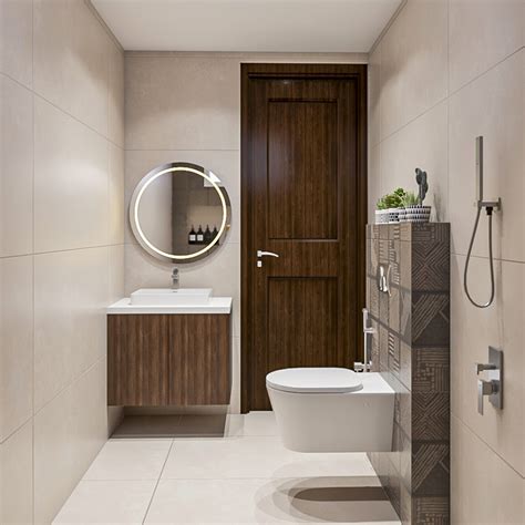 Compact Bathroom Design With Beige And Brown Tiles | Livspace