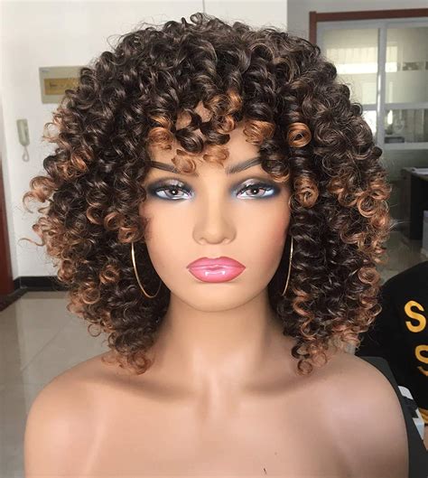 ANNIVIA Short Curly Wig For Black Women With Bangs Big Bouncy Fluffy ...