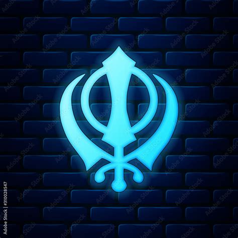 Glowing neon Sikhism religion Khanda symbol icon isolated on brick wall ...