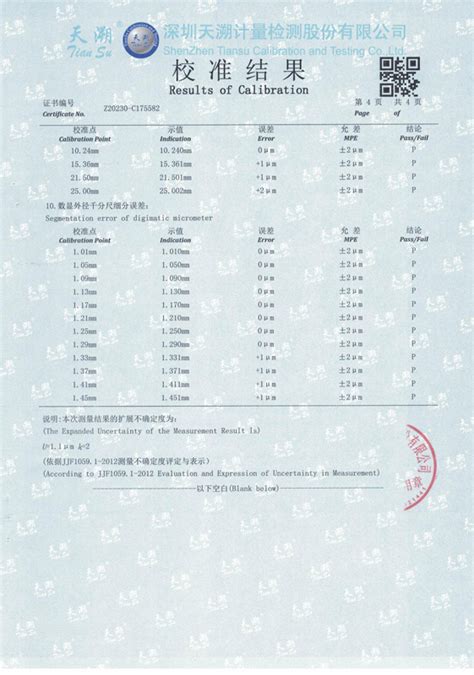 Digital Outside Micrometer Calibration Certificate