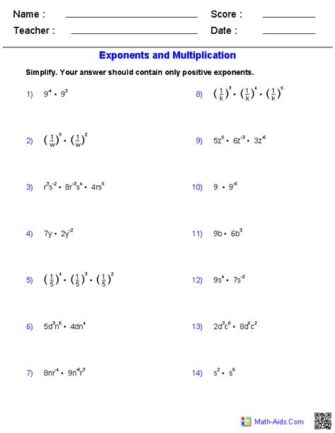 Algebra 1 Worksheets | Exponents Worksheets